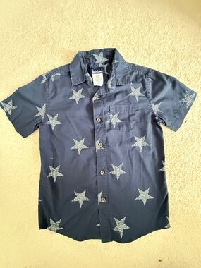 Basic Editions Navy Button-Up Shirt with White Star Pattern